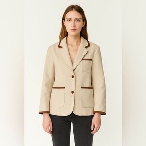 LA VIE Vegan Leather Trim Blazer Oatmeal L